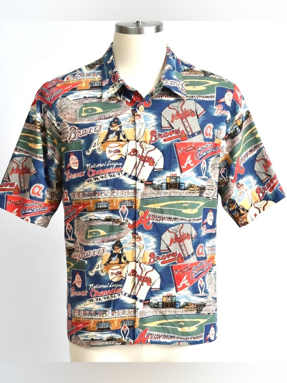 reyn spooner Atlanta Braves Championship Vintage Print Hawaiian Button Shirt Y2K
